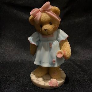 Cherished Teddies LORRAINE.Charming Bear Figurine with Pink Bow and Blue Dress.
